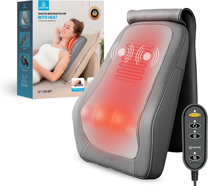 COMFIER مدلك الظهر شياتسو مع حرارة واهتزاز، مدلك الرقبة والكتف لتخفيف الألم، وسادة تدليك الرقبة، مدلك الظهر السفلي المحمول للاستخدام في الكرسي، السيارة، المكتب المنزلي - رمادي - Image 1